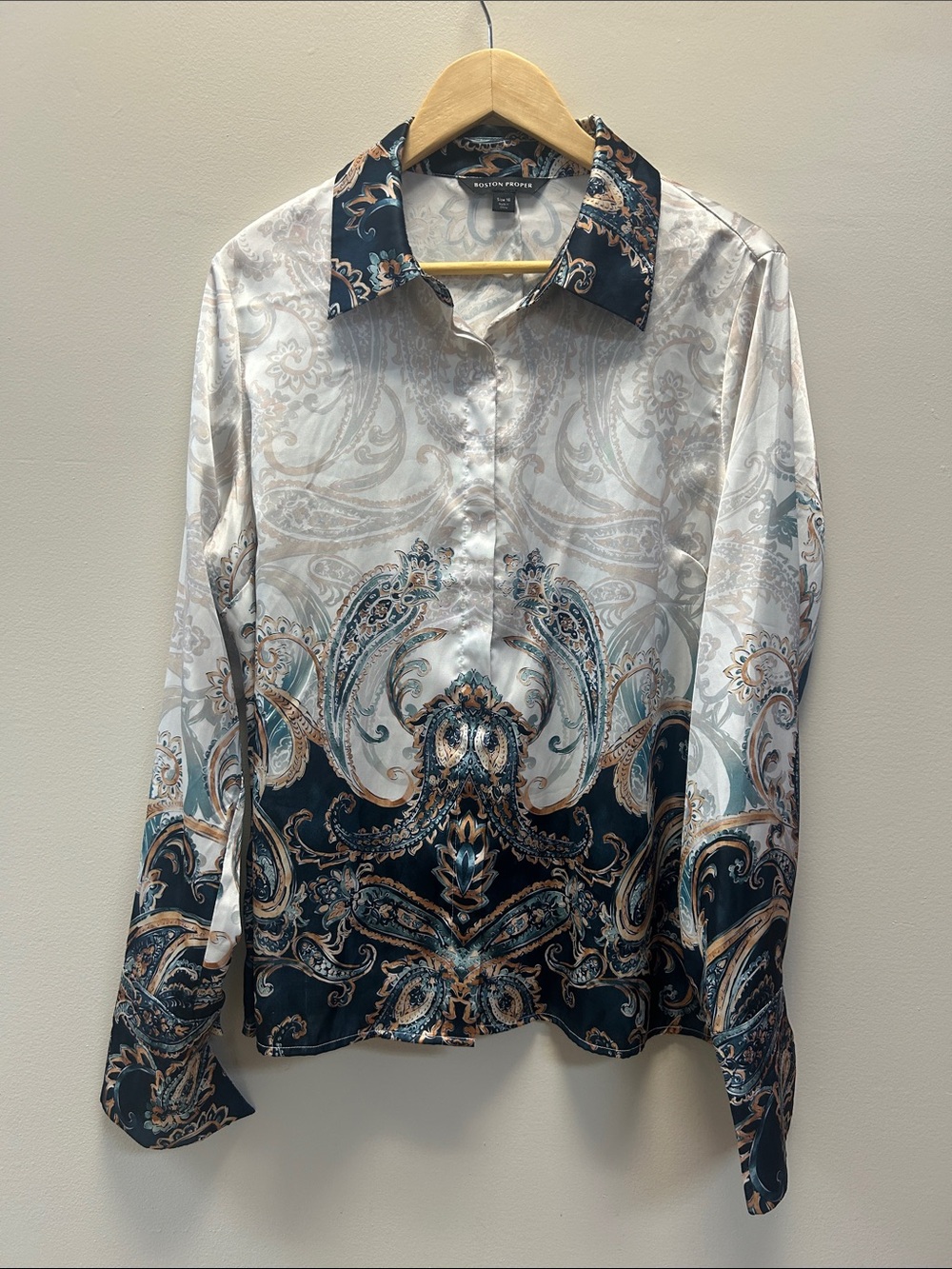 Boston Proper Paisley-Print Satin Button-Up Blouse - Cream & Teal